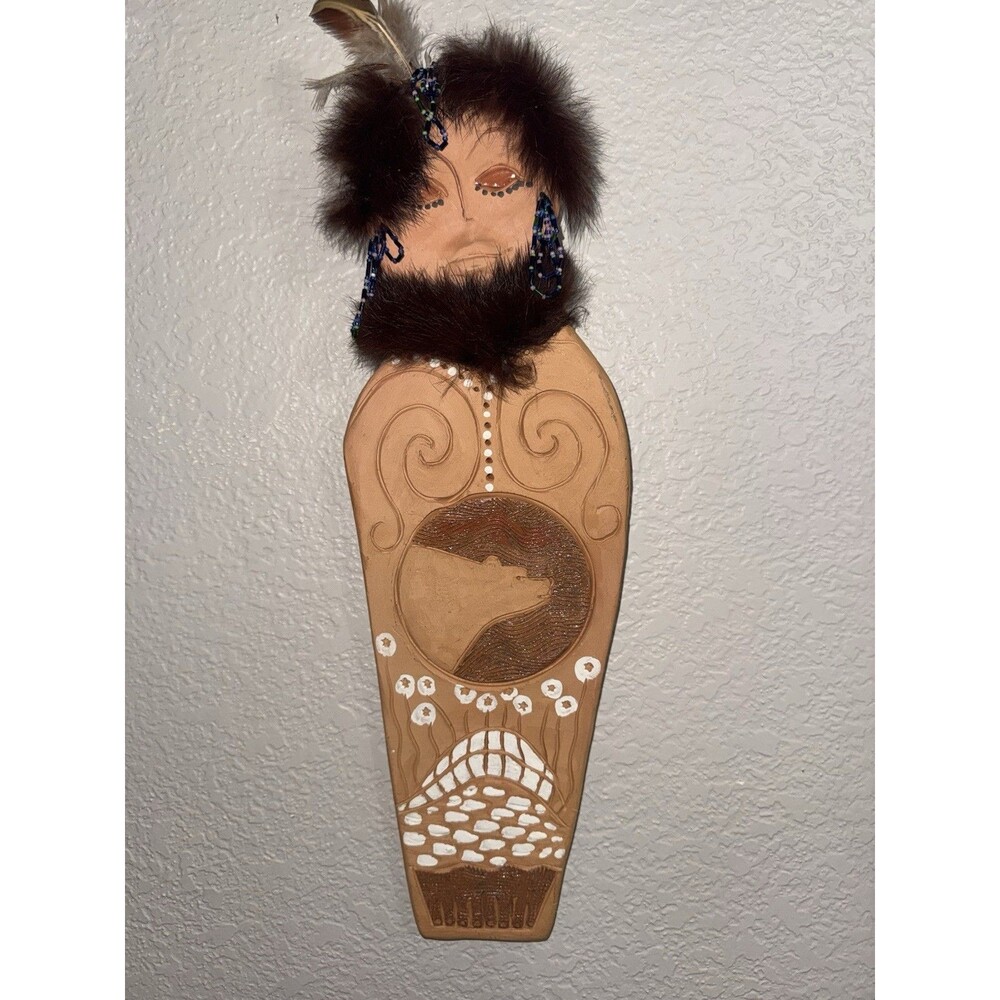 Vtg. Southwestern Clay Spirit Plaque Wall Mask Fur & Beads + Ceramic Figurine